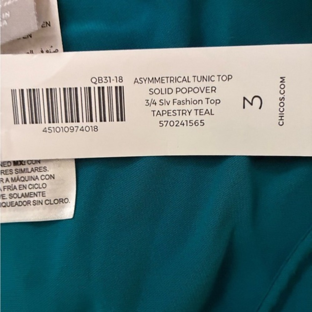 Chico's Asymmetrical Tunic Top Tapestry Teal 3/4 Sleeve Fashion Popover Size 3 - Picture 8 of 8
